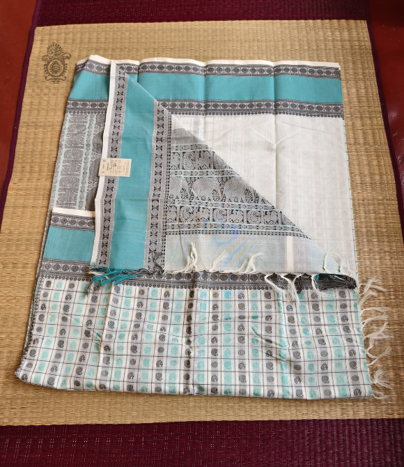 Handwoven Pure Cotton Kanchipuram Saree White and Blue